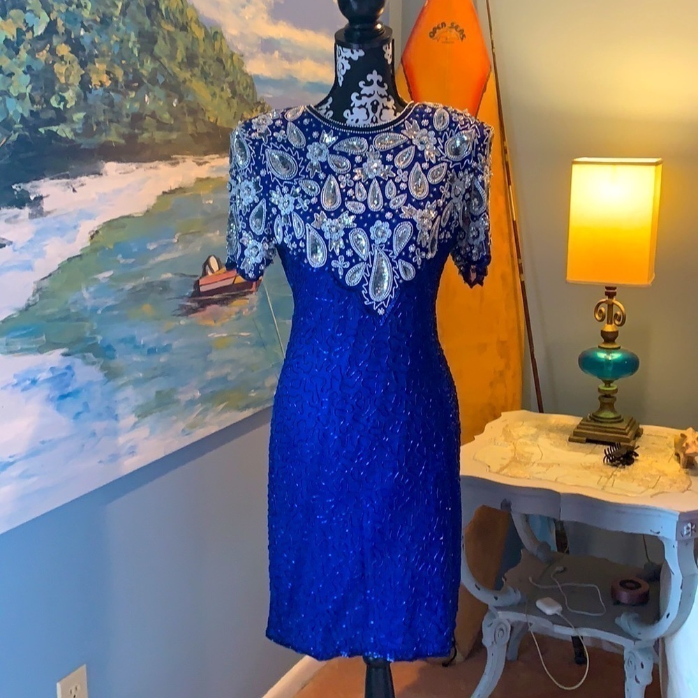 Vintage Laurence Kazar, Vibrant Beaded Blue Formal Cocktail Dress, Stunning! - Picture 4 of 8